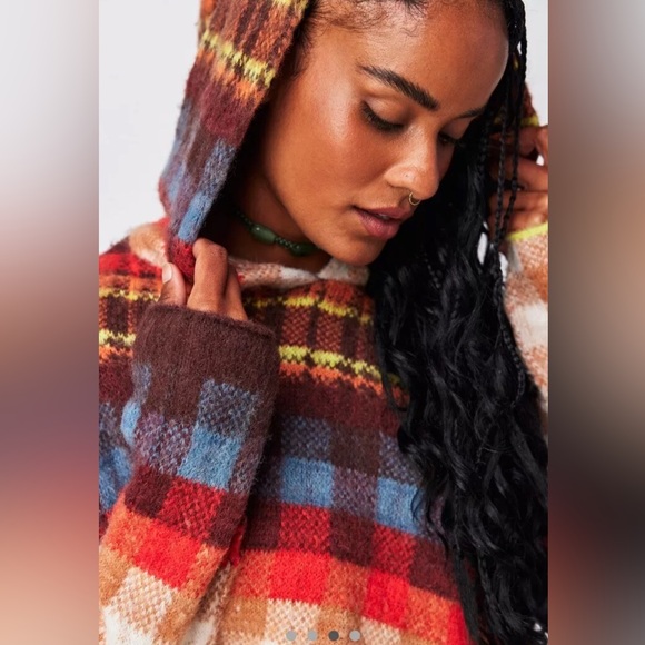 Free People Ainsley Hood Poncho Plaid Asymmetric Hem Apple Cider Size:XS, XL NWT - Picture 9 of 12